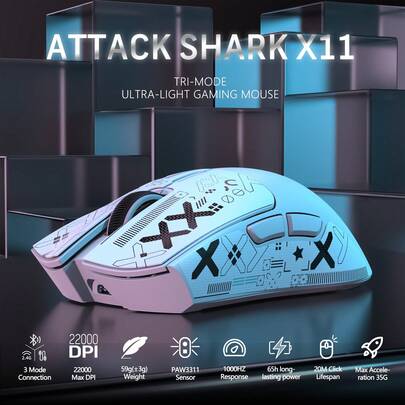  ATTACK SHARK X11 SUPERLIGHT 三模式游戏鼠标，带磁吸充电底座，搭载 PixArt PAW3311 游戏传感器，支持蓝牙/2.4G 无线/有线连接，22000 DPI，办公游戏两用鼠标，适用于 Win11/PC 系统。