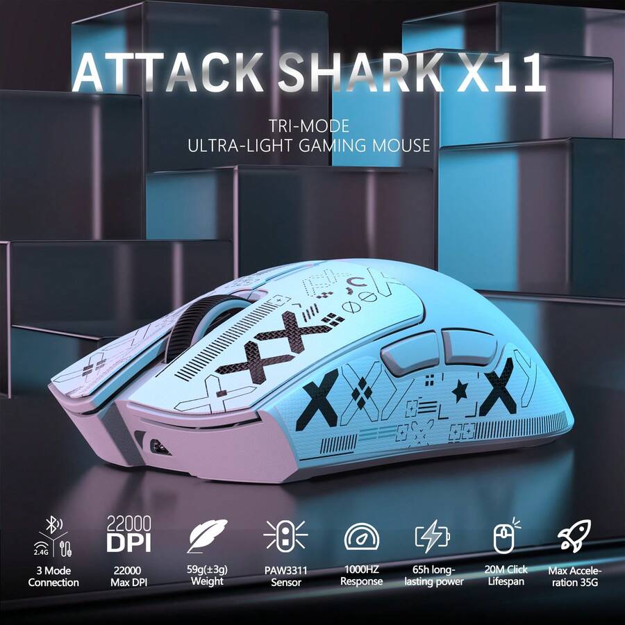 ATTACK SHARK X11 SUPERLIGHT 三模式游戏鼠标，带磁吸充电底座，搭载 PixArt PAW3311 游戏传感器，支持蓝牙/2.4G 无线/有线连接，22000 DPI，办公游戏两用鼠标，适用于 Win11/PC 系统。