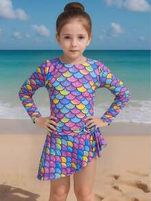 Children's Long Sleeve Swimsuit With Beach Cover-Up And Thermal Protection - 五彩鱗片 - 查看 5