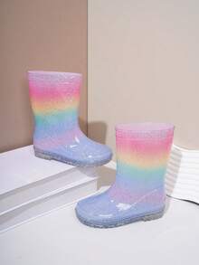 1双时尚儿童彩虹亮片雨靴，女童轻便防滑果冻鞋带提手，耐用防水雨靴，适合雨天和沙滩玩耍 - 彩色 - 查看 1