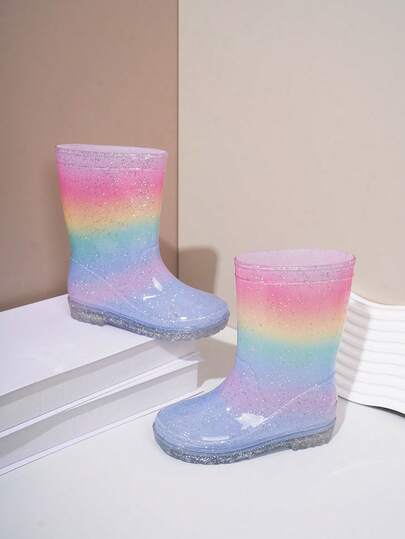 1 par moderiktiga regnbågsglittergummistövlar för barn, lätta, halkfria gummistövlar med handtag för flickor, slitstarka, vattentäta gummistövlar för regniga dagar och strandlek