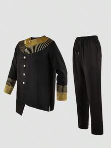 2 件/套，2025 新款男士 Dashiki，精致的金色刺绣，经典的黑金撞色，优雅的风格，长袖，圆领，纽扣式，松紧腰裤，非洲服装，男士休闲衬衫和裤子两件套，街头服饰，派对，约会，婚礼，日常穿着，文化活动，传统仪式 - 黑色 - 查看 4