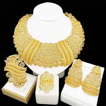 High Quality Classic Design Gold Plated Jewelry Set For Women Tricolor Necklace Earrings Bangle And Ring For Wedding Party Gift Or Daily Wear