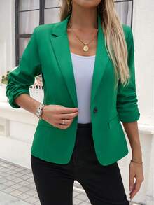 [Women's Office Work Suit Blazer] Solid Color Button Front Blazer, Elegant Long Sleeve Lapel Collar Blazer For Office & Work, Women's Clothing, Flap, Suit - màu xanh lá - Xem 1
