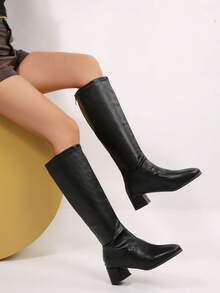 FVPFVP Giày bốt cao gót mũi vuông bằng da bóng lấy cảm hứng, giày bốt cưỡi ngựa đế dày vừa vặn dành cho nữ, mùa thu/đông, tiệc tùng - màu đen - Xem 3