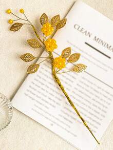 1pc/3pcs Metal Leaf Artificial Flower Handmade Beaded Faux Berry Realistic Plant Decor For Home, Desktop Decoration