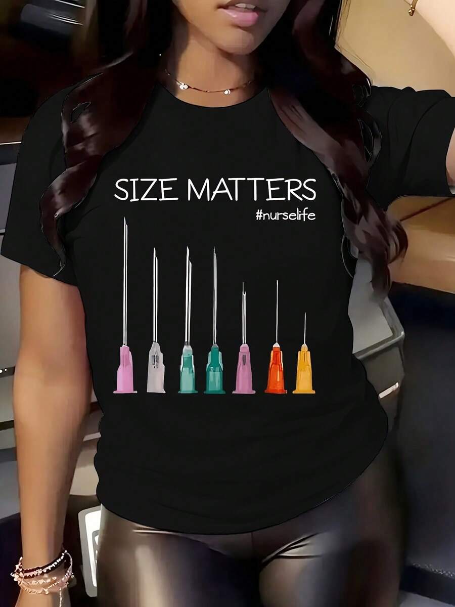 Women's Round Neck T-Shirt With Size Matters Print & Colorful Dildos Design, Short Sleeve Casual Tee For Everyday Wear, Humor Fashion Statement Top For Women, Perfect For Parties, Gifts, Or Fun Outings - 黑色 - 查看 1