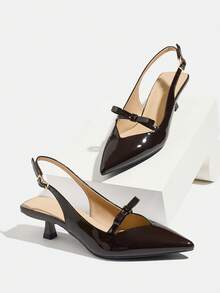 Tacones de aguja de gatito con un solo tirante y decoración de lazo para mujer, elegantes, sexys, para fiestas, bodas, al aire libre, citas, regalos de cumpleaños, trabajo, todo el año, tacones altos color marrón oscuro