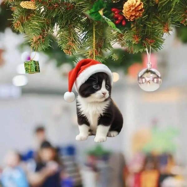 Adorable Santa Claus And Charming Black Cat Christmas Ornaments - Durable Acrylic Material, Perfect For Christmas Tree Decorations, Festive Hanging Ornaments, Party Decorations, Versatile Hanging Ornaments For Cars, Ideal Holiday Gifts, Suitable For Christmas, Halloween, And Birthday Parties. Durable Acrylic, Perfect For Trees And Cars