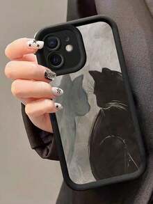 1pc TPU Material Painting Design Cat Looking At Each Other Silicone Anti-Drop Phone Case Compatible With IPhone Waterproof Shockproof Scratch Resistant - Black - View 2