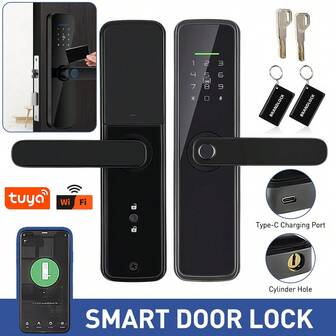 WiFi Smart Door Lock With Handle, TUYA Remote Unlock, Sensitive Touch Screen, Biometric Fingerprint Password IC Card Smart Door Lock With 2 Mechanical Keys And 2 Access Cards (With Lock Body)