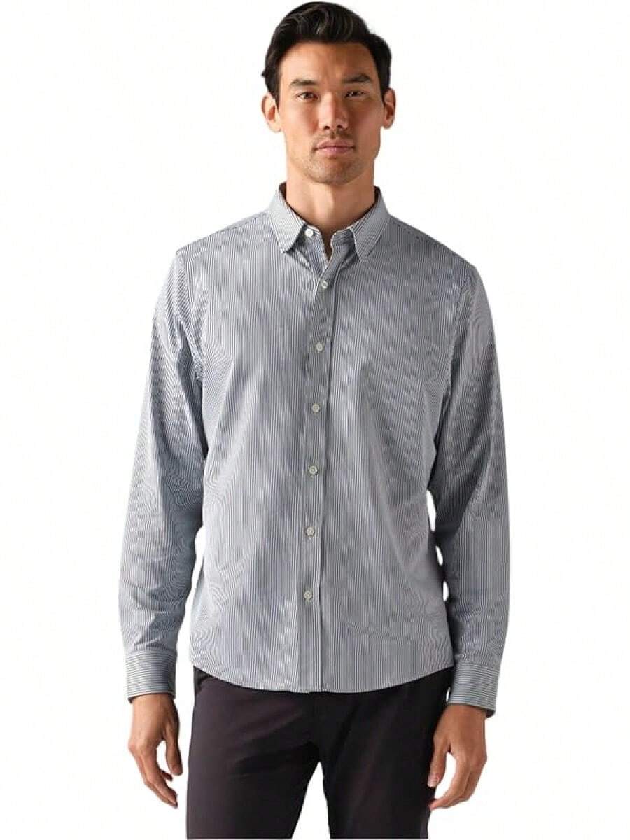 Men's Commuter Shirt, Performance Dress Shirts For Men, Machine Washable, Wrinkle Resistant, Slim Fit Button Down Shirthalloween - Pine Multi Stripe - View 1
