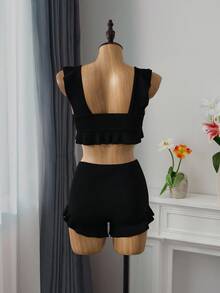 Bellisia Summer Beach Textured Bikini Set Ruffle Trim Tank Top & Shorts 2 Pieces Bathing Suit