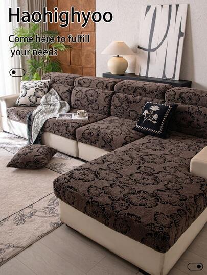 1pc Plush Jacquard Anti- Sofa Seat Cushion Cover, Soft & Skin-Friendly, Pet-Proof, Elastic Sofa Slipcover, Suitable For L-Shaped Sofa And 1/2/3/4 Seater Sofa, Spring/Autumn (Sold Individually)