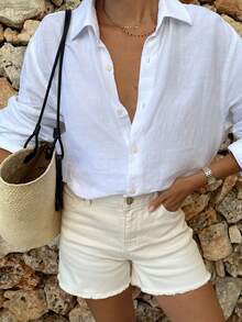 Camisa Branca Casual Elegante para Senhoras JOVI SHEEN, Camisa Feminina de Manga Longa com Lapela e Fileira Única, Roupa de Outono para Senhoras, Camisa de Escritório para Senhoras.