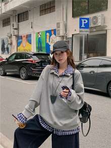 Casual 2 In 1 Lapel Plaid Patchwork Long Sleeve Sweatshirt