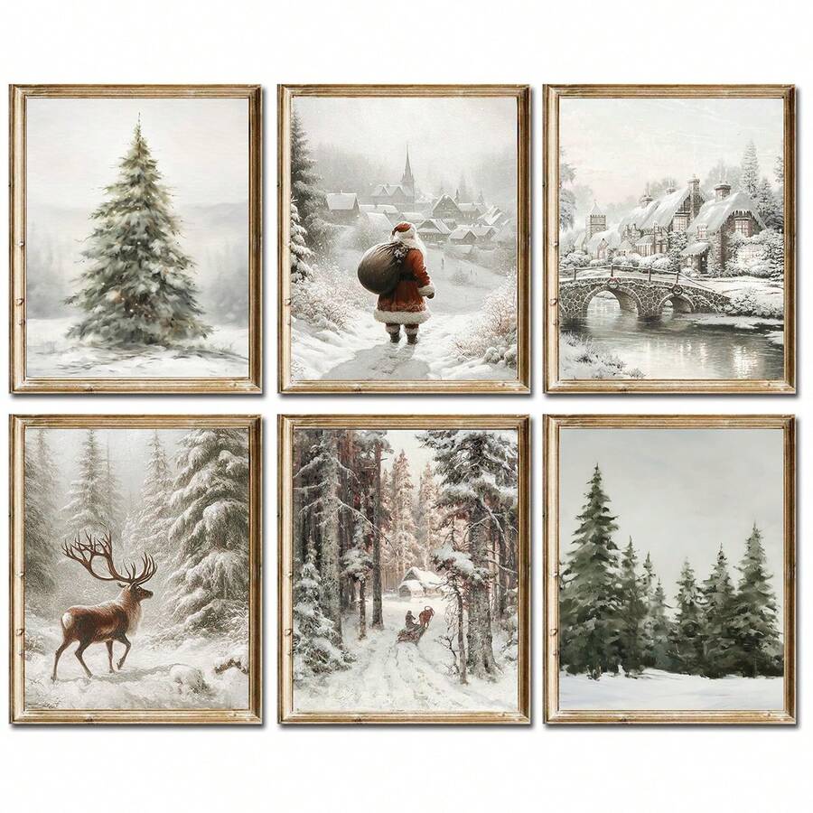 1 件，帆布墙画，带框墙面装饰，复古圣诞老人和圣诞树艺术品，非常适合客厅、卧室或入口处的节日墙面装饰，节日礼物创意，冬季装饰，圣诞节家居装饰，圣诞节