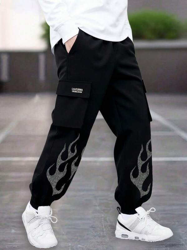 1 件男童火焰印花工装裤，轻便休闲裤，大口袋，松紧裤脚，适合大童春秋季时尚户外服装