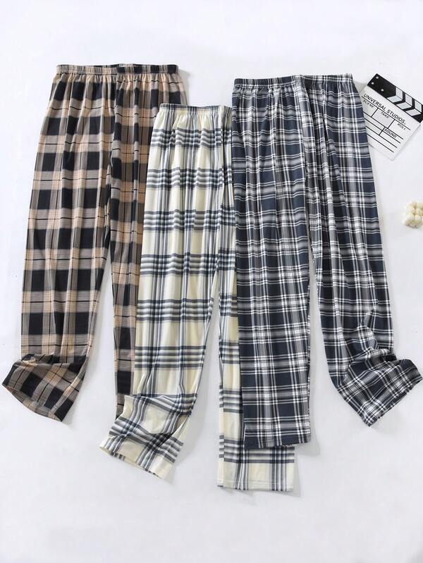 3 Peças Pacote de Calças de Pijama Xadrez Masculinas, Espessura Regular, Ajuste Solto Casual, Calças de Dormir Adequadas para Primavera & Outono, Roupas de Inverno