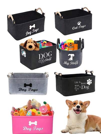 Classic Black Felt Dog Toy Storage Basket With Wooden Handles - Durable, Pet Toy Organizer For Home & Under Bed, Large Capacity, Toy Organizer Storage, Open Storage Bins For Home Organization,Valentine's Day And Gifts For Pets