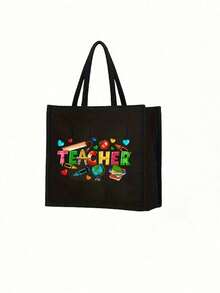 亚麻手提包和亚麻零钱包，配有手提绳，印有创意简约的“教师”图案，多功能便携教师手提包，大容量手提包，便携休闲收纳手提包，女士亚麻耐用透气手提包，方形购物袋，小物件收纳化妆包，教师节礼物，适合通勤、旅行、日常使用。 - 彩色 - 查看 12
