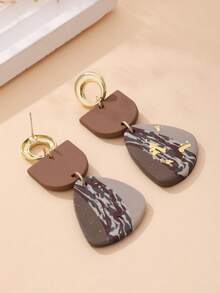 1 Pair Handmade Geometric Bicolor Gold Foil Pendant Earrings, Fashionable & Versatile For Women, Suitable For Vacation And Daily Wear - Coffee Brown - View 4