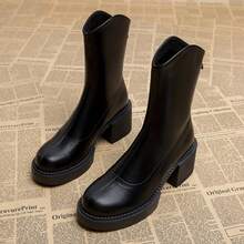 2024 秋冬法式小巧厚底厚底粗跟圆头防水拼接时尚靴 - 黑色 - 查看 5