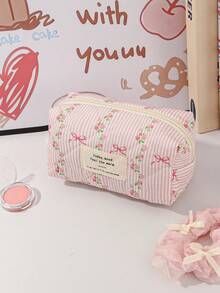 1Pc/Set Sweet Pink Striped Bowknot Pattern Wash And Cosmetic Bag Set,Portable Large Capacity Travel Organizer Toiletry Bag Makeup Bag Skincare Bag - Multicolor - View 17