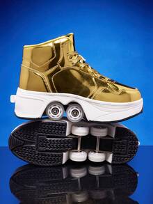 1双男士金色PU系带厚底四轮轮滑鞋，多功能滑板鞋，适合户外，可伸缩二合一 - 金色 - 查看 9