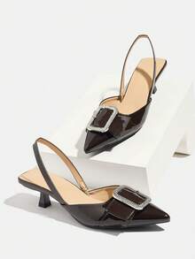 Tacones altos de punta fina con hebilla de strass y tacón de gatito sin respaldo, elegantes y sexys para fiesta, boda, exterior, citas, regalo de cumpleaños, trabajo, todo el año, color marrón oscuro