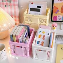 4-Piece Colorful Plastic Storage Basket With Handle Foldable Desk Organizer Box Multi-Purpose Container For Bedroom Office Kitchen Home Organization Stackable Portable Basket Rack Space Saving Solution - Multicolor - View 5