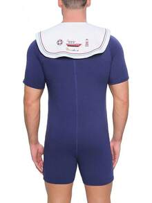 Men's Cotton  Sailor Collar Bodysuit Short Sleeve Print Romper Pajama - Captainhalloween - 藏蓝色 - 查看 10
