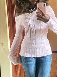 Off-Shoulder Long Sleeve Pullover Sweater For Women, Autumn/Winter, Y2K Gothic Style, Sexy Black Exposed Shoulder Top, Versatile Pink Super Soft Casual Knit Sweater, Country Music Festival, Music Festival - 粉色 - 查看 3