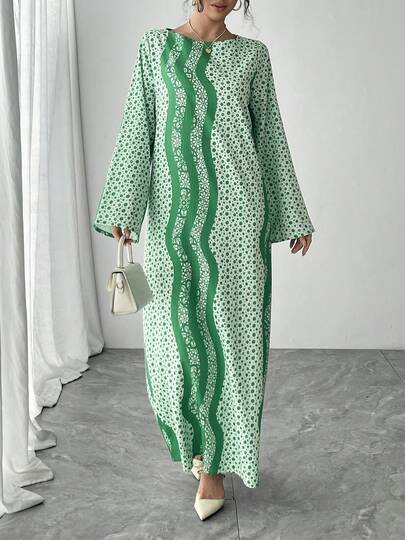 1pc Women's Green Polka Dot & Line Print Round Neck Flare Sleeve Straight Casual Long Sleeve Dress, Elegant Arabic Style Maxi Dress, Luxury For Holiday, Party, Banquet