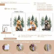 3 buc/set poster pe pânză cu animale din pădure pentru camera copiilor, decor de perete pentru camera copiilor, cadou pentru petrecerea de baby shower, artă pentru camera copiilor, animale din pădure, animale în acuarelă, urs, vulpe, raton, potrivit pentru decorul casei, decorul camerei, decorul dormitorului, decorul camerei de zi, decorul băii, decorul de perete, artă de perete opțională cu ramă