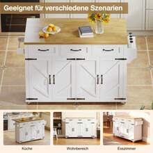 Isla de cocina con encimera abatible, 5 ruedas bloqueables, 4 puertas, 3 cajones, toallero de doble cara, diseño estilo granero, blanco, 140x43(70)x90,5 cm