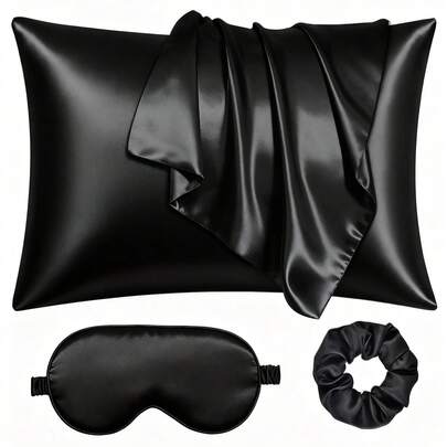 3pcs Satin Sleep Set | Softer Than Silk Pillowcase And Eye Mask Set - Includes 1 Satin Pillowcase, 1 Satin Eye Mask And 1 Satin Scrunchie, Pillowcase Size: 29.53 Inches X 19.29 Inches (77cm X 51cm), Suitable For School, Back To School, Travel, Home And More, Eye Mask, Sleep Eye Mask