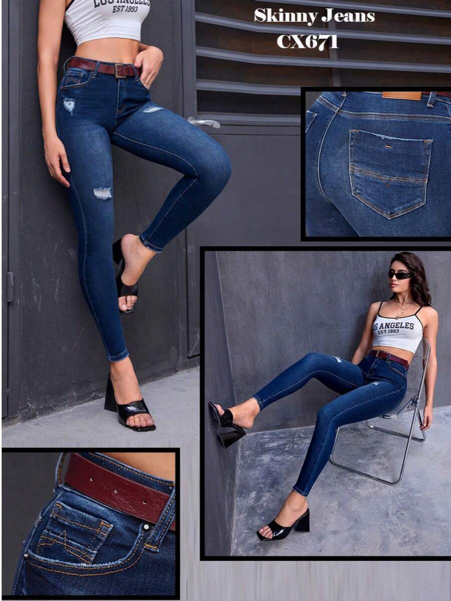 pantalon para dama mujer skinny entubado stretch tiro alto a la cintura importado calidad premium - Azul - Ver 1