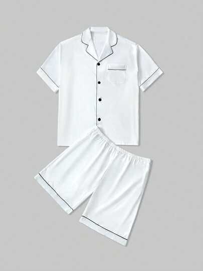 男式加大码撞色滚边翻领短袖衬衫和短裤家居服套装