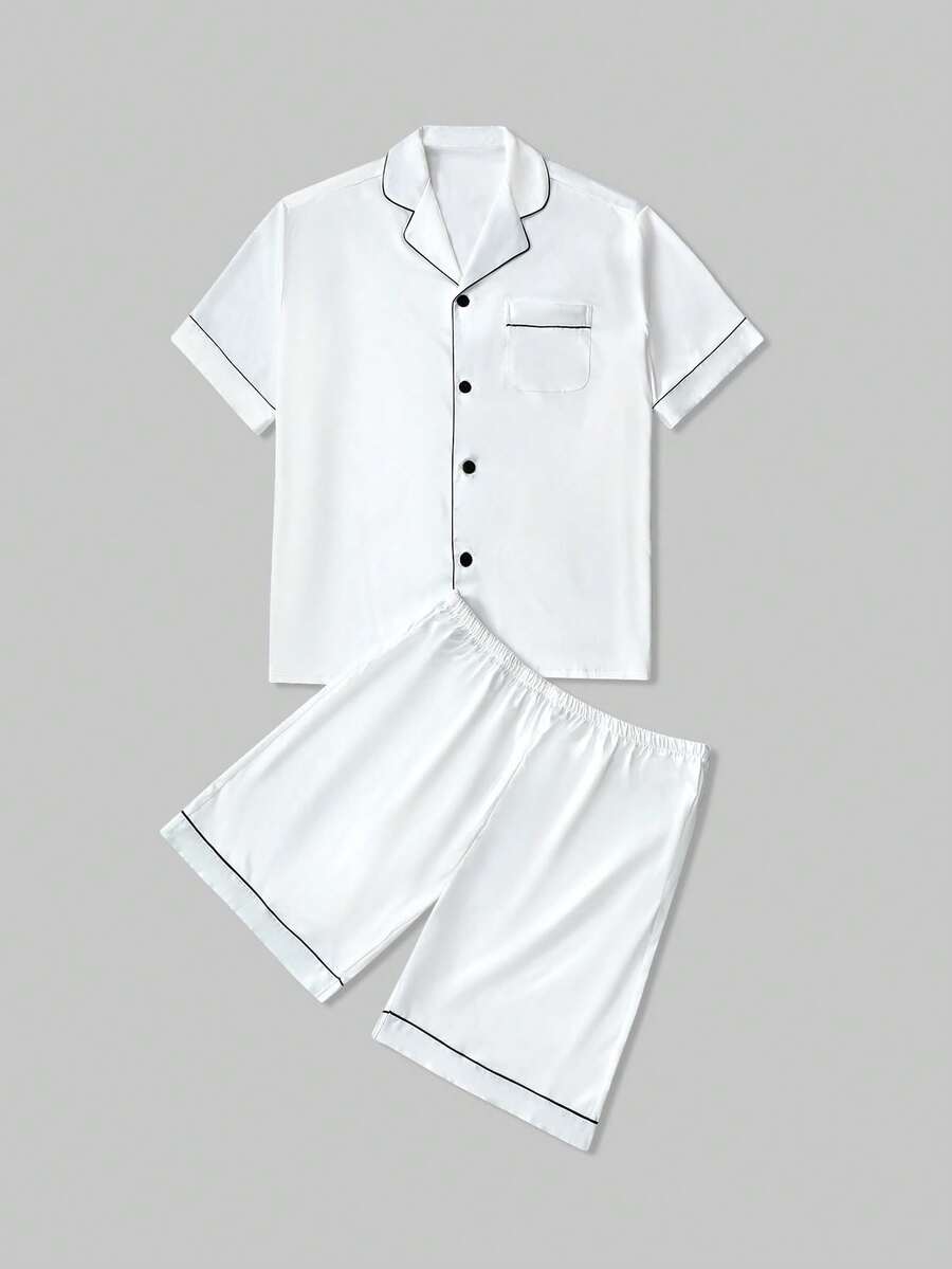 男式加大码撞色滚边翻领短袖衬衫和短裤家居服套装