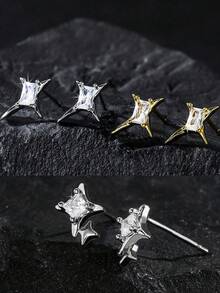 1 Pair/2pcs Punk Style Rhinestone Shield Stud Earrings, Geometric Cubic Zirconia Copper Plated, Unisex Fashion Earrings For Daily Wear And Parties, Suitable As Valentine's Day Or New Year Gift - Multicolor - View 10