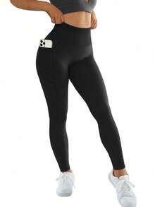 1 Pair Of Pocket Long Pants, Sports Long Pants With Pockets, Home Casual, Fitness And Running Pocket Long Pants, Women's Yoga Pants, Tuck In The Abdomen And Lift The Buttocks - 黑色 - 查看 2