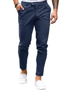 Mens Chinos Slim Fit Pants Flat Front Stretch Skinny Tapered Dress Pants Comfort Casual Solid Trousers - 藏青色 - 查看 1