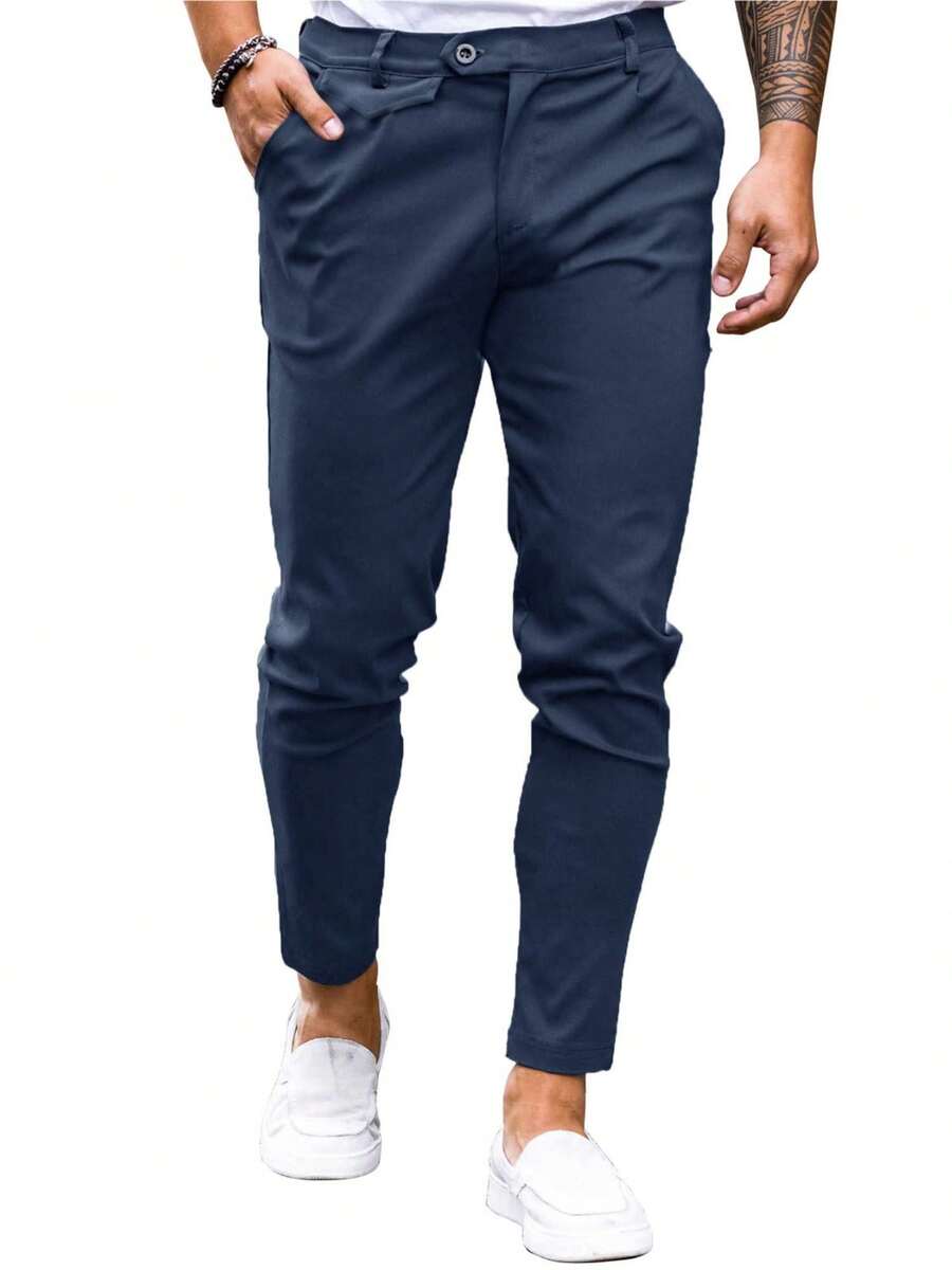 Mens Chinos Slim Fit Pants Flat Front Stretch Skinny Tapered Dress Pants Comfort Casual Solid Trousers - 藏青色 - 查看 1