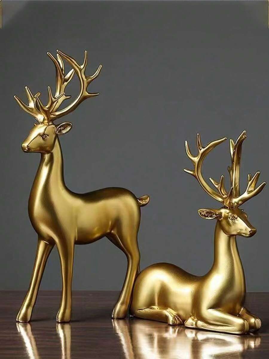2pcs Christmas Prosperity Deer Decor, Luxury Creative Ornaments For Wine Cabinet, Living Room, Office Desk, Housewarming Gift - Multicolor - View 1