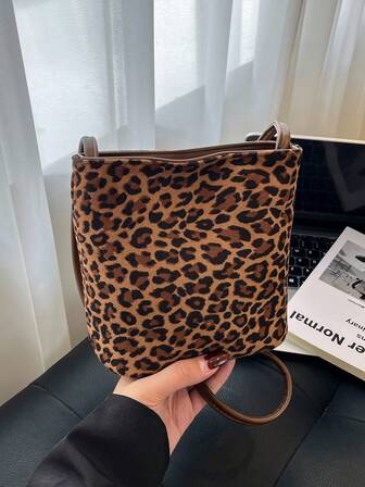 2025 Autumn New Minimalist Suede Leopard Print Bucket Bag, Compact & Cute Vintage Style Crossbody Bag For Women