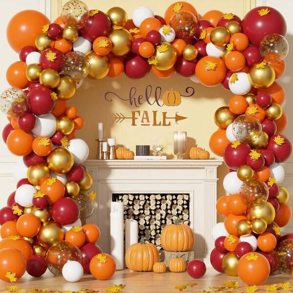 Autumn Thanksgiving Balloon Garland Arch Kit 189pcs Orange Golden Burgundy White Balloons With Simulated Maple Leaves Thanksgiving Fall Birthday Party Wedding Decoration