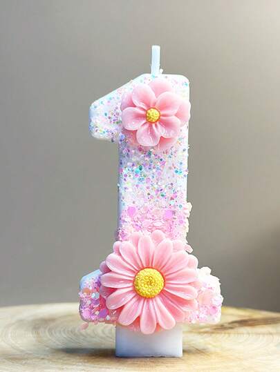 1pc Birthday Number Candle, Pink Floral Birthday Candle Cake Decor, Glitter Candle Cake Decor, 0-9 Number Candle, Party Favorite Number Candle Cake Decor, Suitable For Anniversary Celebration