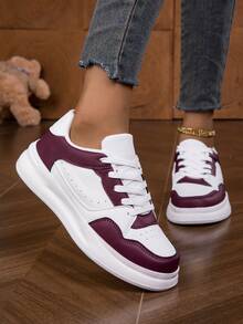 女式户外休闲简约酒红色低帮系带圆头厚底轻便舒适滑板运动鞋，适合所有季节 - 酒紅色 - 查看 1