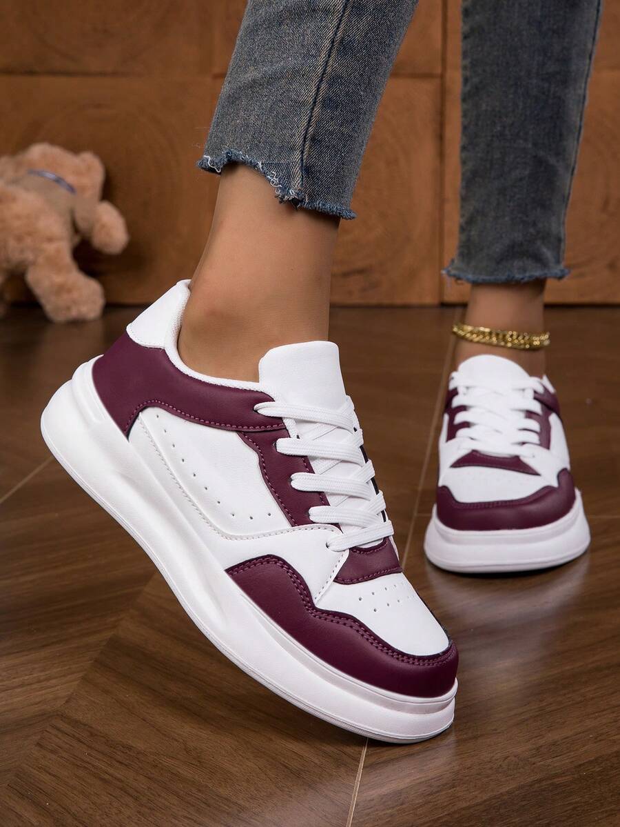 女式户外休闲简约酒红色低帮系带圆头厚底轻便舒适滑板运动鞋，适合所有季节 - 酒紅色 - 查看 1